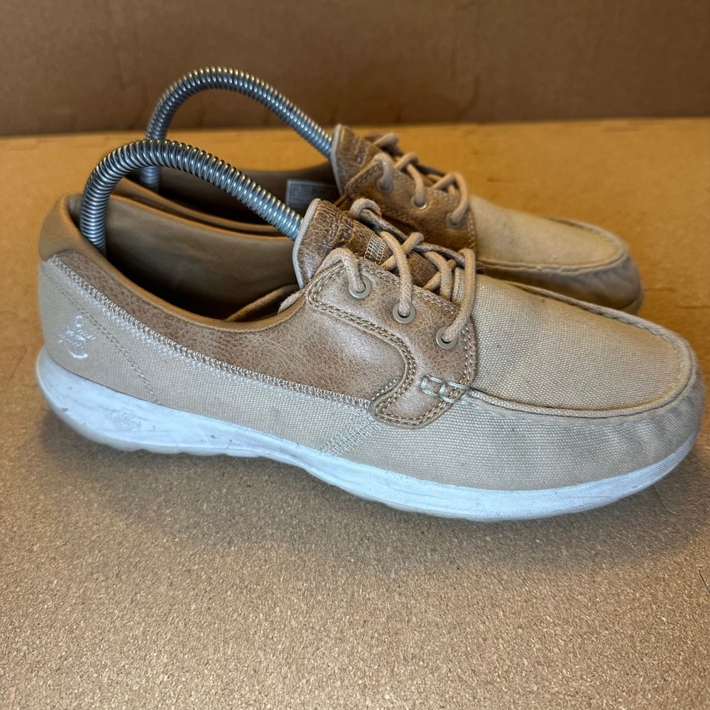 Skechers On-the-Go Boat Shoes Womens 9.5 Tan Canvas Loafers 15430 Goga Max NAT